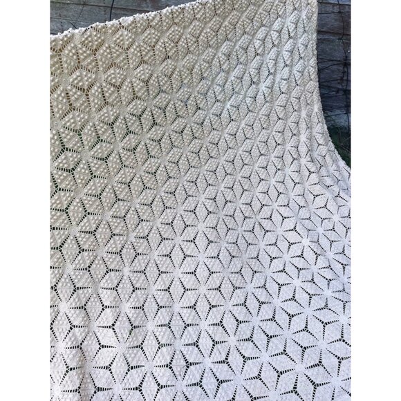 Antique 1930s Thread Cotton Crochet BedSpread star Pattern Fringe 98 x 81" - Picture 9 of 16